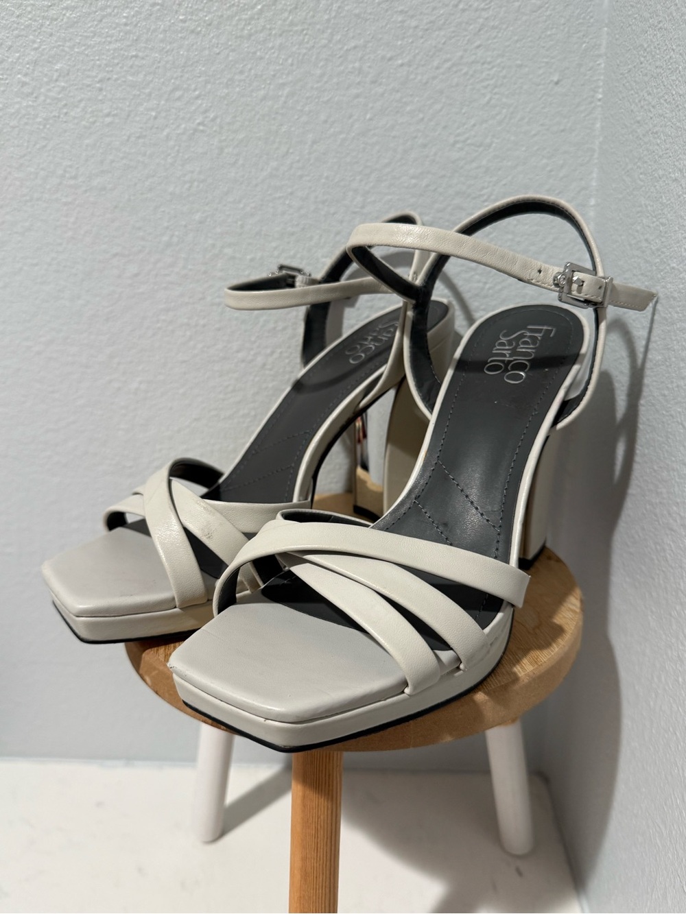 Franco Sarto Women’s Ivory/light gray Strappy Block Heel Sandals
